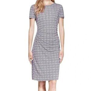 Tory Burch Silk Myrtle‎ Ruched Sheath Dress Black Purple Beige Print Size Small